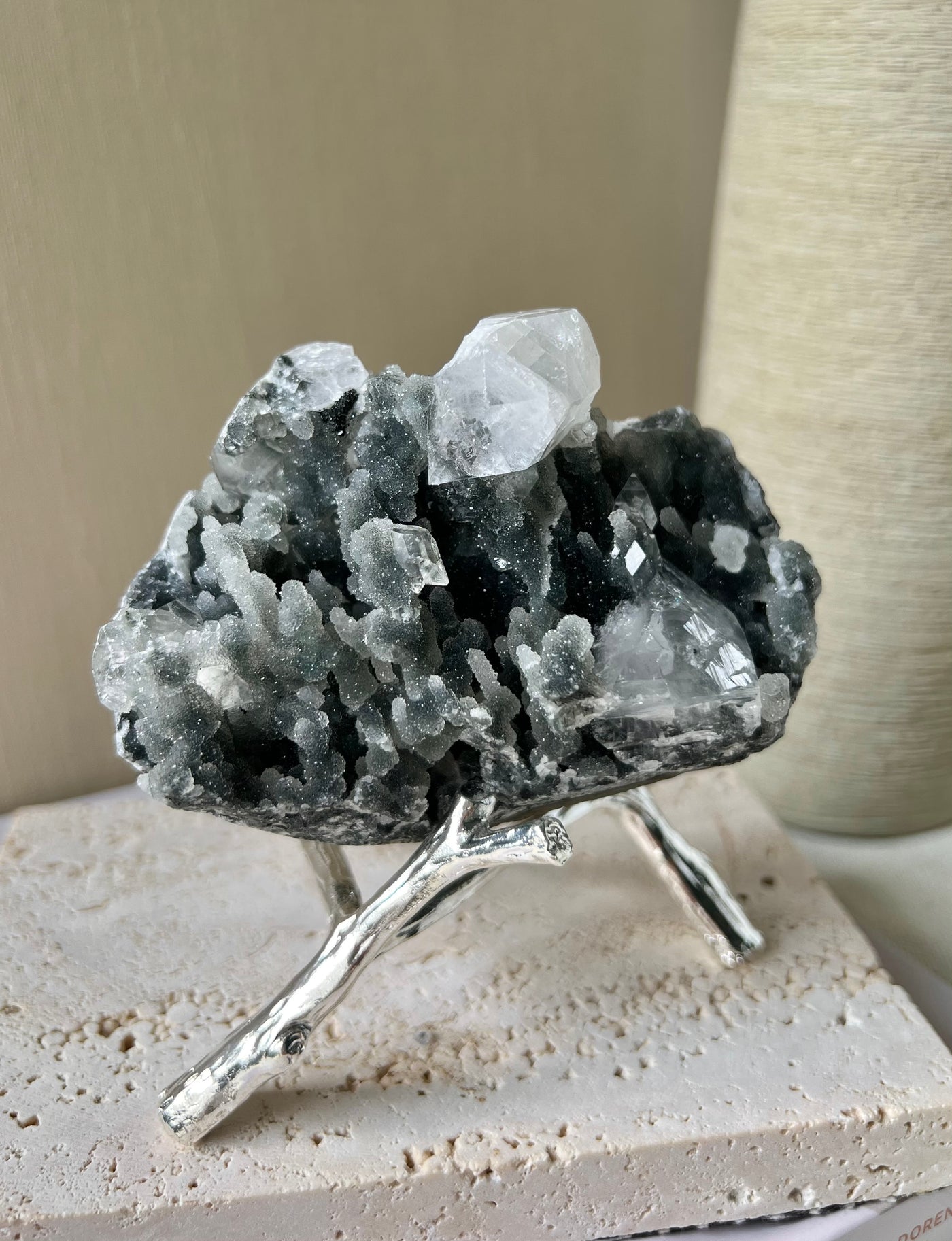 [Solstice] Apophyllite w Black Stalactite Chalcedony